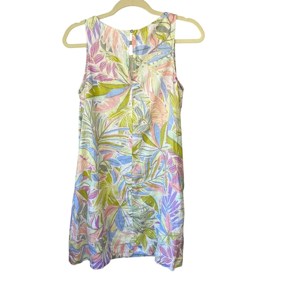 C&C California Women 100% Linen Tropical Pastel Floral Shift Dress Small Pockets